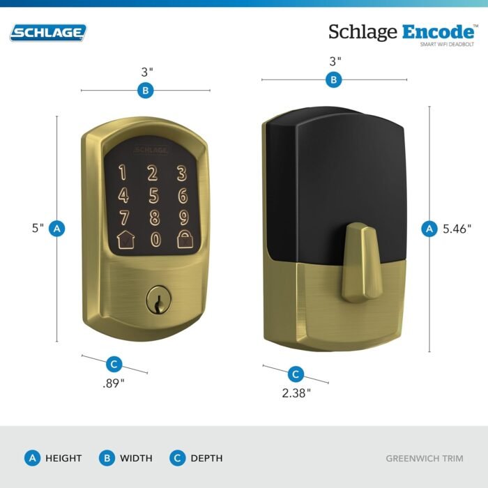 Schlage Encode Smart WiFi Deadbolt Lock for Front Door - Keyless Entry with App or Touchscreen - Works with Alexa, Apple HomeKit, Hey Google, & Airbnb - Create Codes for Guests - Satin Brass Gold - Image 3