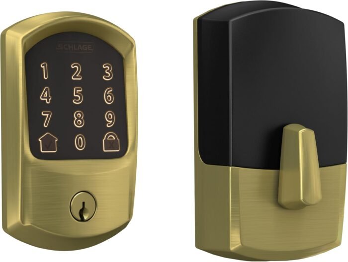 Schlage Encode Smart WiFi Deadbolt Lock for Front Door - Keyless Entry with App or Touchscreen - Works with Alexa, Apple HomeKit, Hey Google, & Airbnb - Create Codes for Guests - Satin Brass Gold