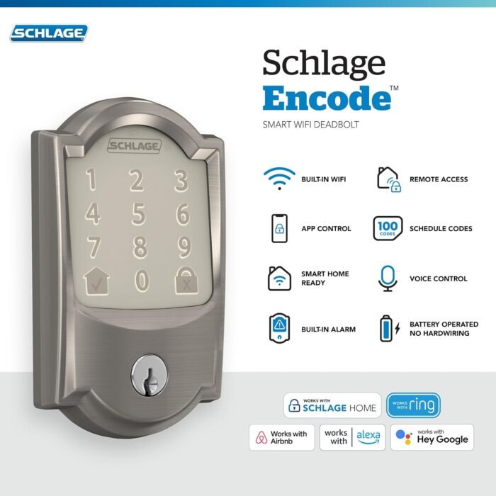 Schlage Encode Smart Wi-Fi Deadbolt with Camelot Trim in Satin Nickel - Image 2